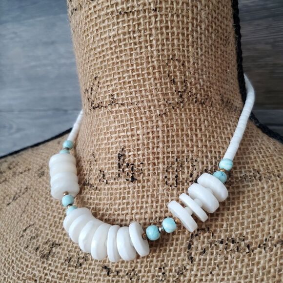 Ceramic Beaded Necklace | Heavy, Small Choker Beaded White and Blue Colors - Picture 1 of 8